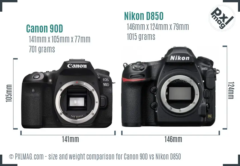 Canon 90D vs Nikon D850 size comparison