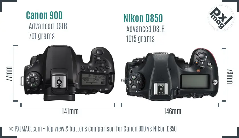 Canon 90D vs Nikon D850 top view buttons comparison