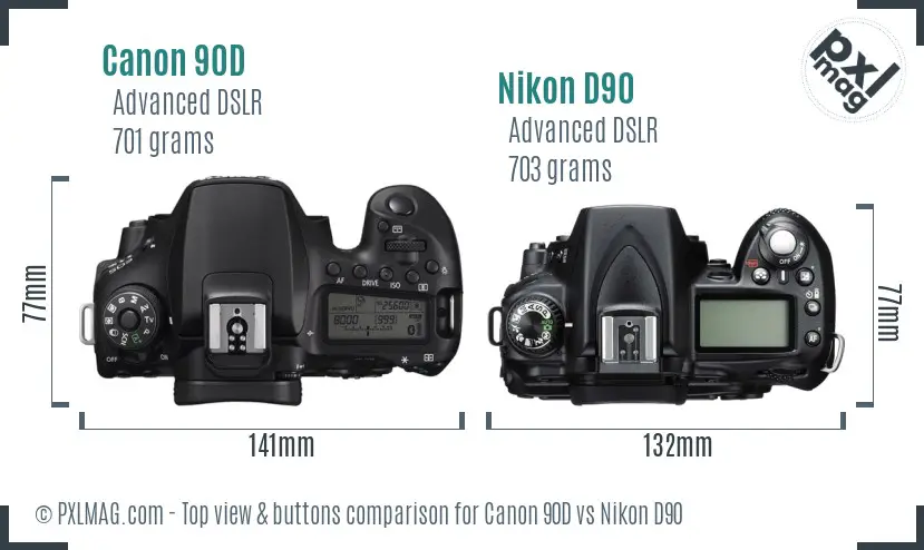 Canon 90D vs Nikon D90 top view buttons comparison