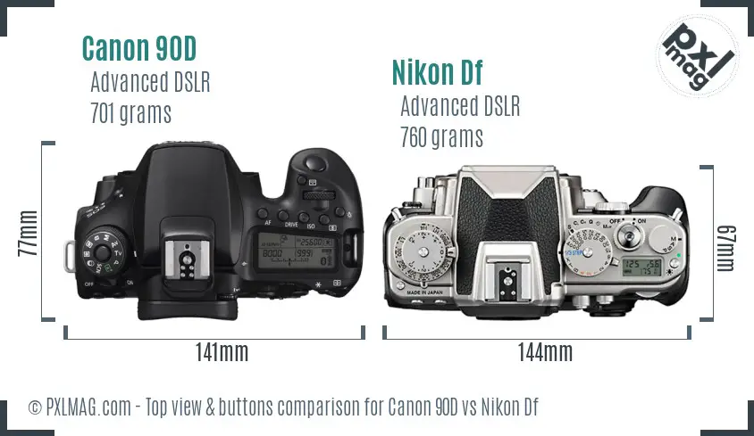 Canon 90D vs Nikon Df top view buttons comparison
