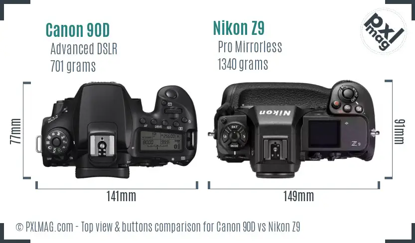 Canon 90D vs Nikon Z9 top view buttons comparison