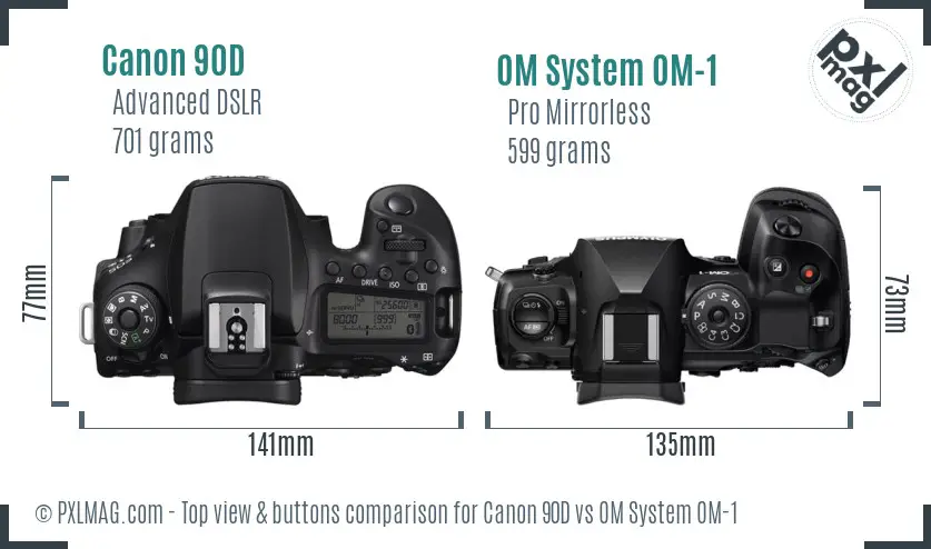 Canon 90D vs OM System OM-1 top view buttons comparison