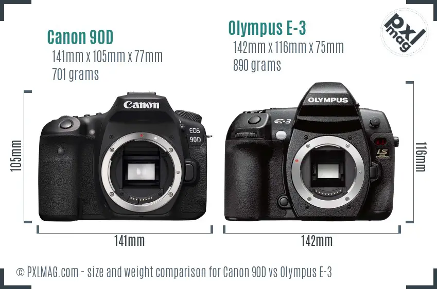 Canon 90D vs Olympus E-3 size comparison