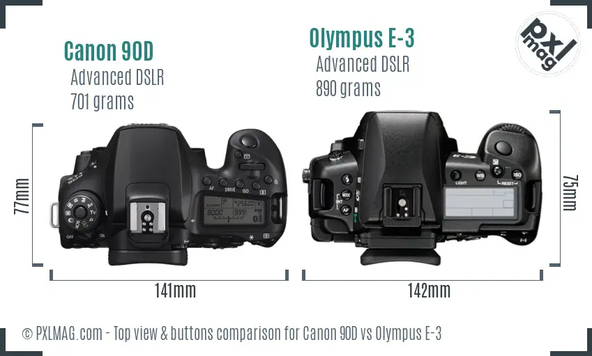 Canon 90D vs Olympus E-3 top view buttons comparison