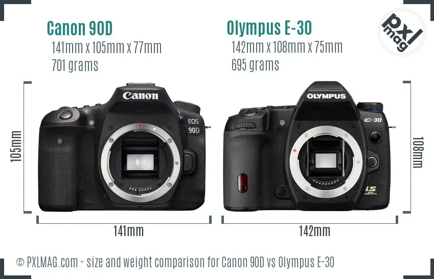 Canon 90D vs Olympus E-30 size comparison