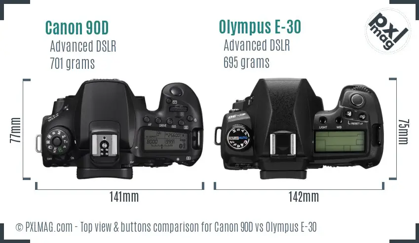 Canon 90D vs Olympus E-30 top view buttons comparison