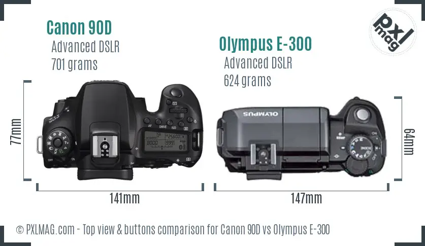 Canon 90D vs Olympus E-300 top view buttons comparison