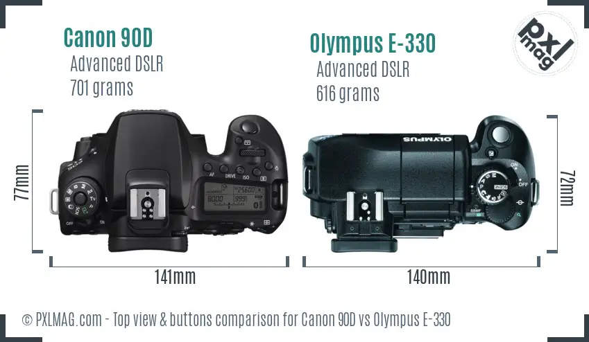 Canon 90D vs Olympus E-330 top view buttons comparison