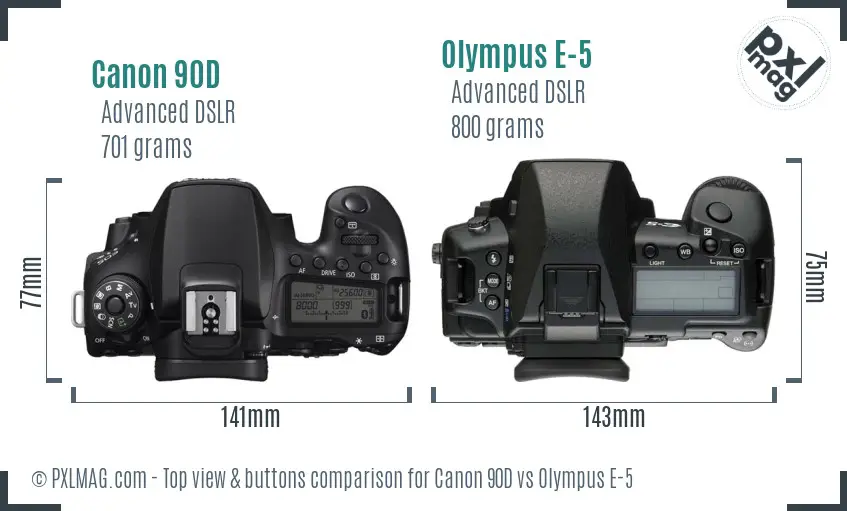Canon 90D vs Olympus E-5 top view buttons comparison