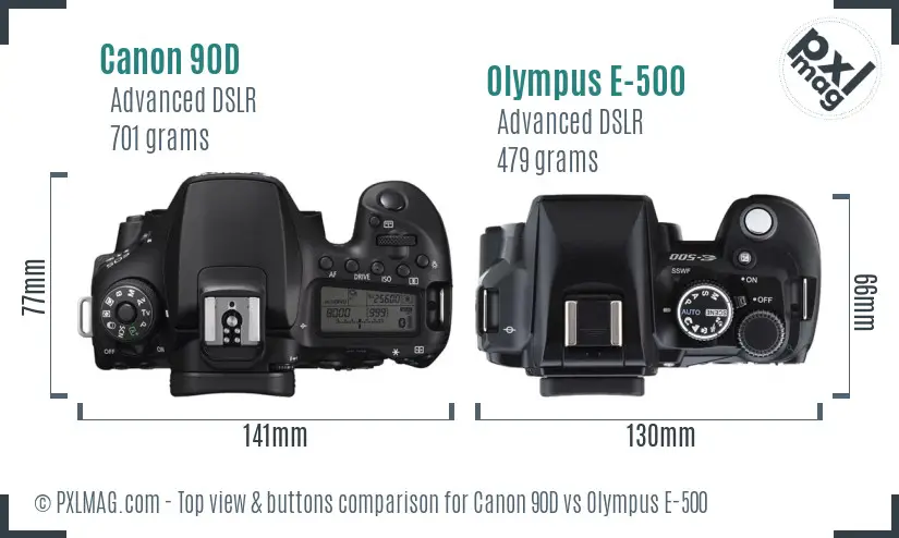 Canon 90D vs Olympus E-500 top view buttons comparison