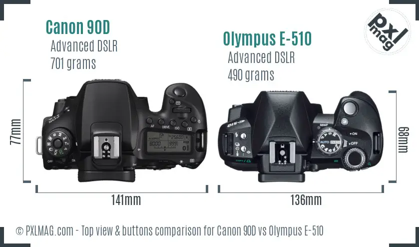 Canon 90D vs Olympus E-510 top view buttons comparison