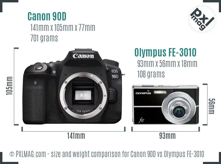 Canon 90D vs Olympus FE-3010 size comparison