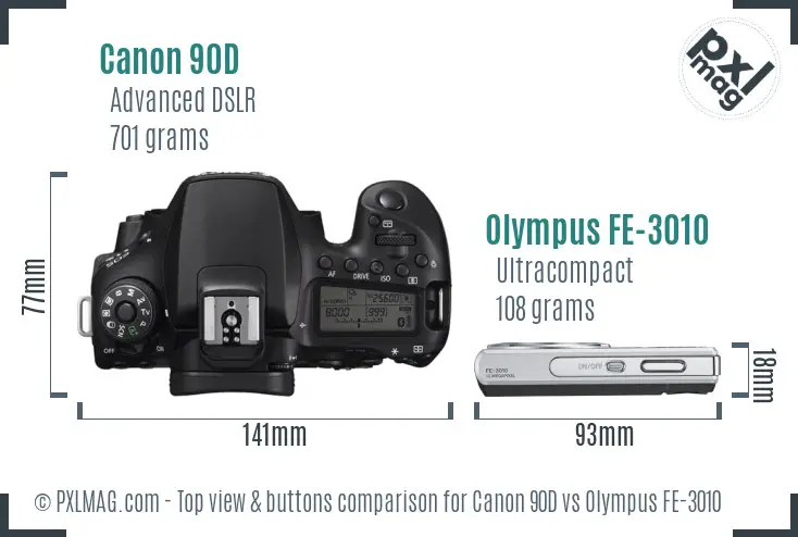 Canon 90D vs Olympus FE-3010 top view buttons comparison