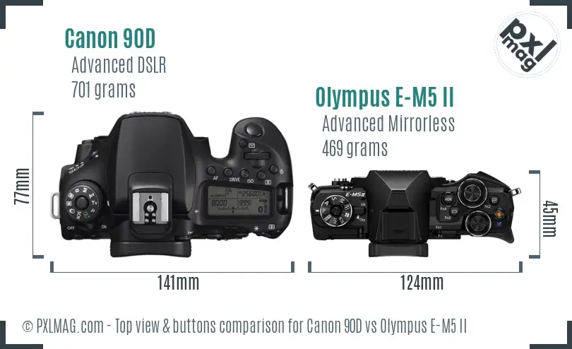 Canon 90D vs Olympus E-M5 II top view buttons comparison