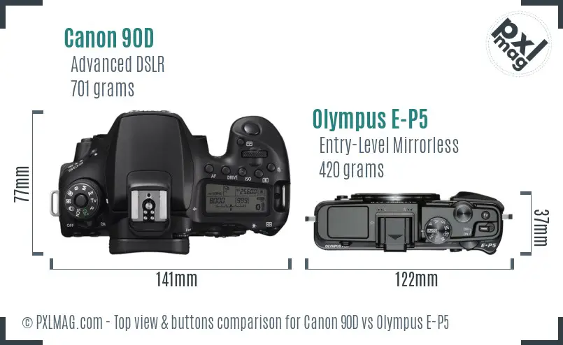 Canon 90D vs Olympus E-P5 top view buttons comparison Canon 90D vs Olympus E-P5 top view buttons comparison