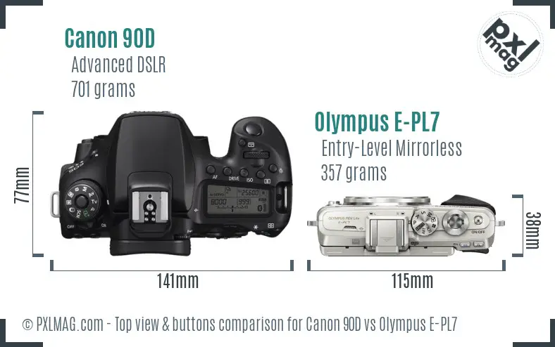 Canon 90D vs Olympus E-PL7 top view buttons comparison