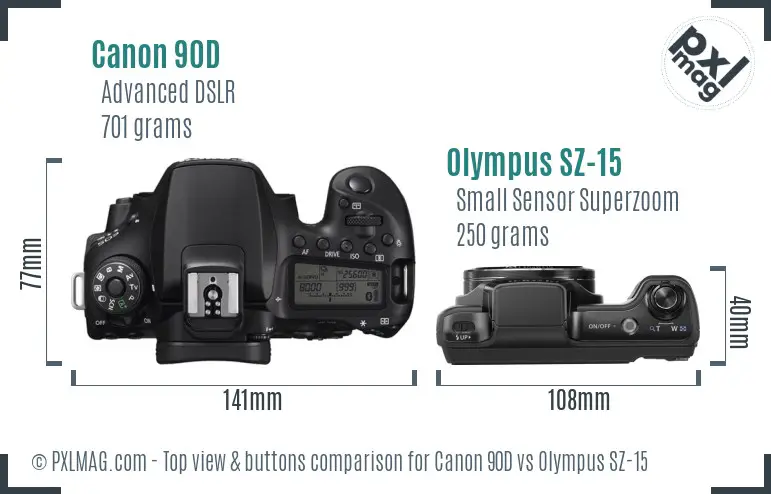Canon 90D vs Olympus SZ-15 top view buttons comparison