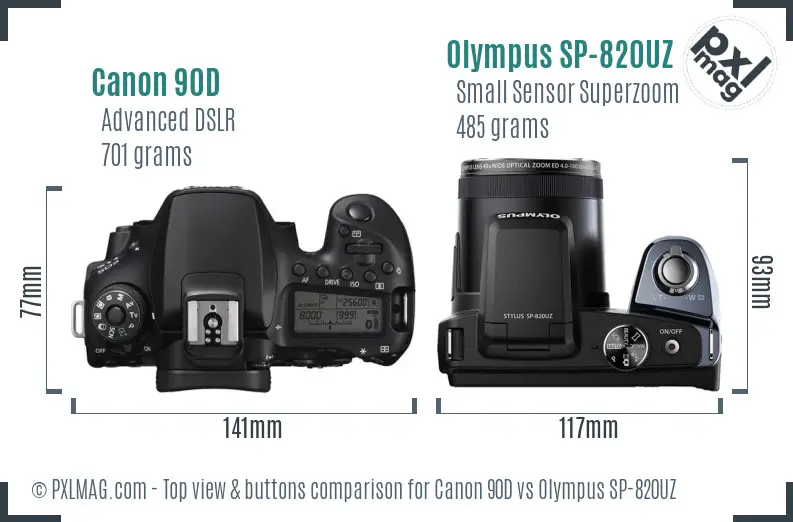 Canon 90D vs Olympus SP-820UZ top view buttons comparison Canon 90D vs Olympus SP-820UZ top view buttons comparison