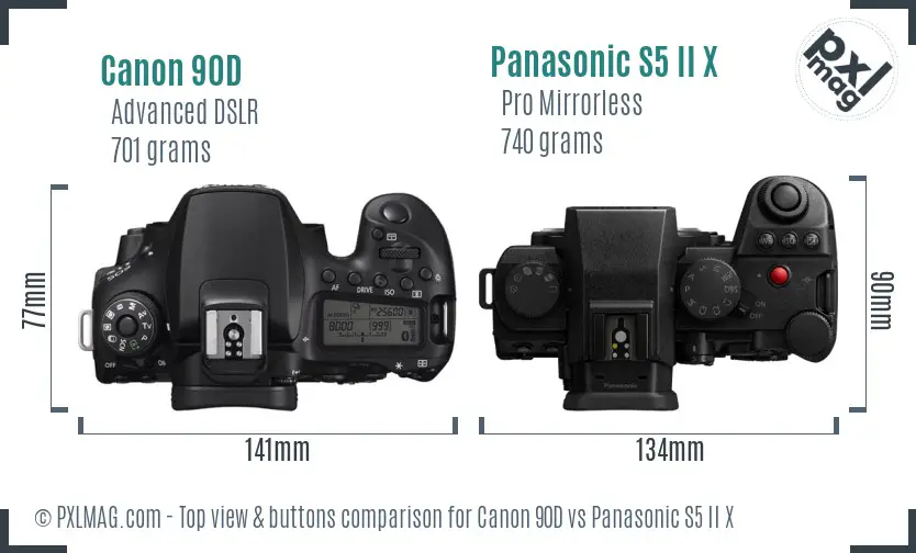 Canon 90D vs Panasonic S5 II X top view buttons comparison Canon 90D vs Panasonic S5 II X top view buttons comparison