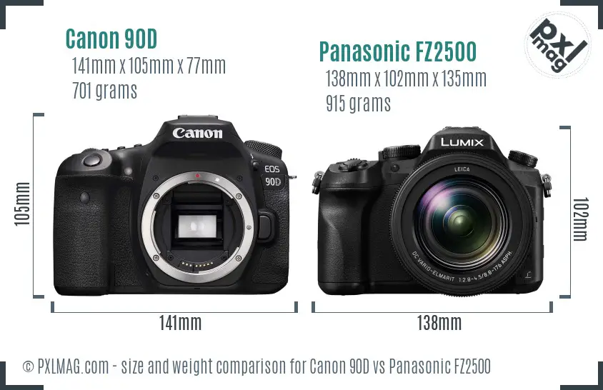 Canon 90D vs Panasonic FZ2500 size comparison Canon 90D vs Panasonic FZ2500 size comparison