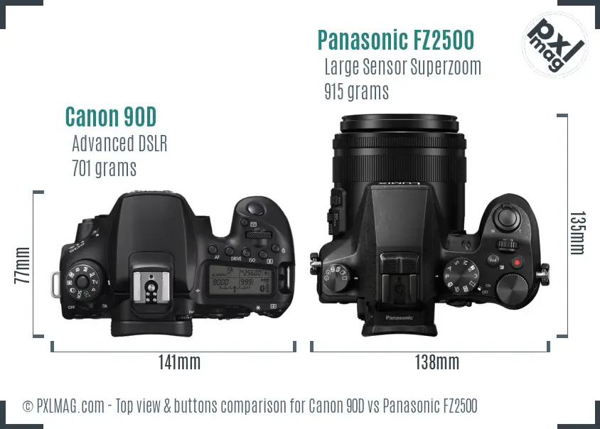 Canon 90D vs Panasonic FZ2500 top view buttons comparison Canon 90D vs Panasonic FZ2500 top view buttons comparison