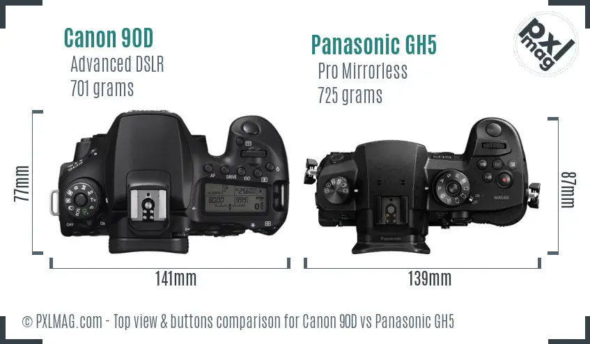 Canon 90D vs Panasonic GH5 top view buttons comparison Canon 90D vs Panasonic GH5 top view buttons comparison