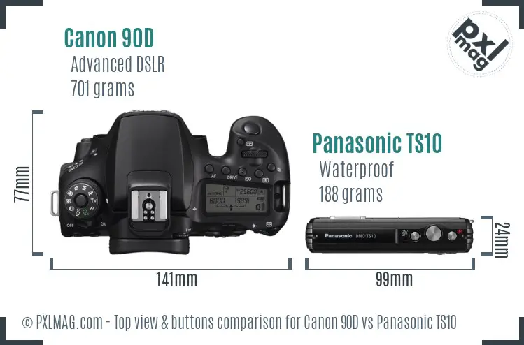 Canon 90D vs Panasonic TS10 top view buttons comparison