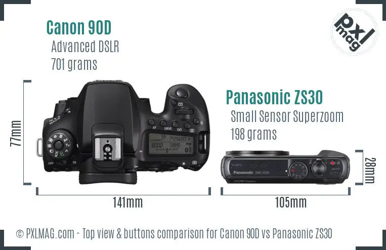 Canon 90D vs Panasonic ZS30 top view buttons comparison