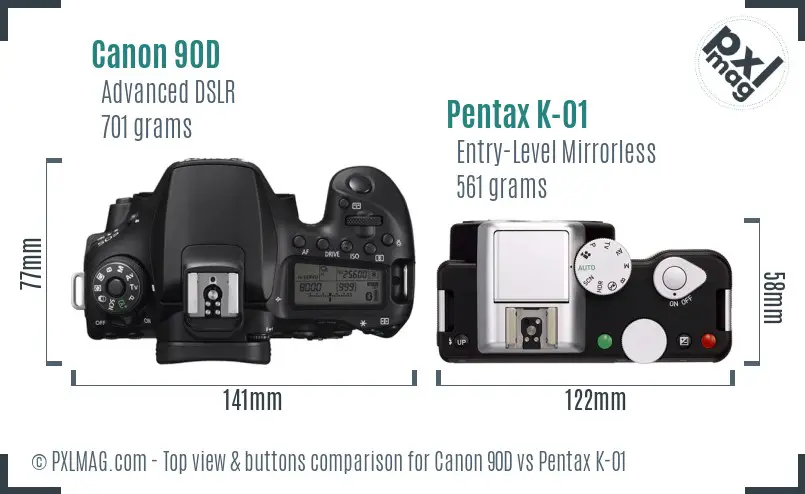 Canon 90D vs Pentax K-01 top view buttons comparison Canon 90D vs Pentax K-01 top view buttons comparison