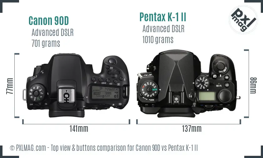 Canon 90D vs Pentax K-1 II top view buttons comparison