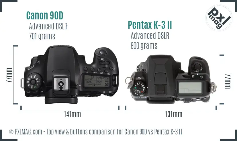Canon 90D vs Pentax K-3 II top view buttons comparison