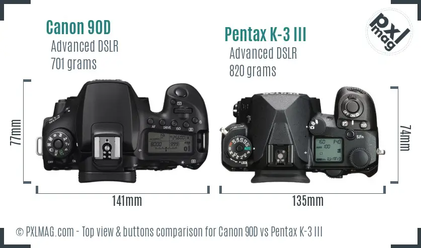 Canon 90D vs Pentax K-3 III top view buttons comparison