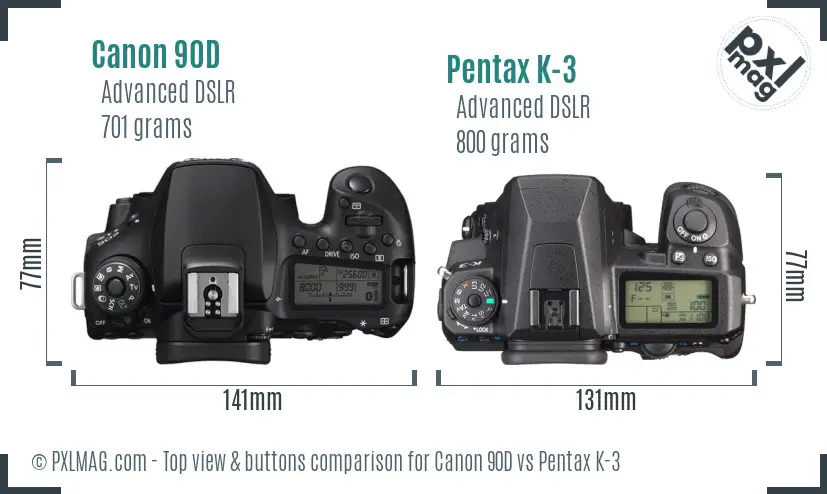 Canon 90D vs Pentax K-3 top view buttons comparison