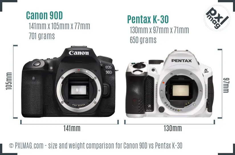 Canon 90D vs Pentax K-30 size comparison