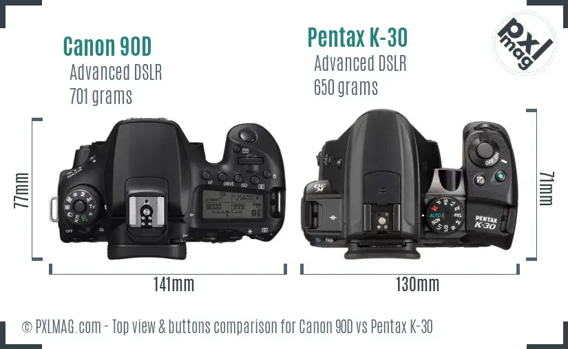 Canon 90D vs Pentax K-30 top view buttons comparison