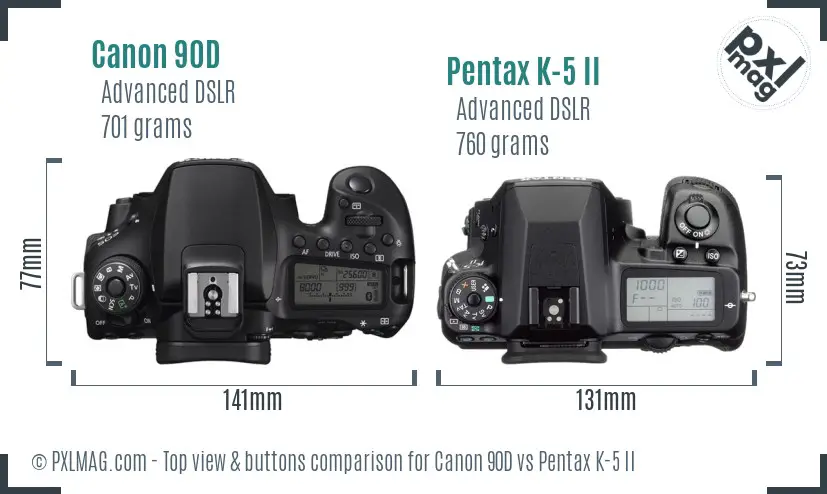 Canon 90D vs Pentax K-5 II top view buttons comparison