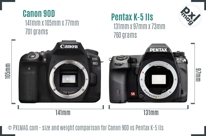 Canon 90D vs Pentax K-5 IIs size comparison