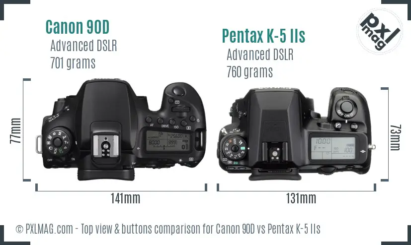 Canon 90D vs Pentax K-5 IIs top view buttons comparison