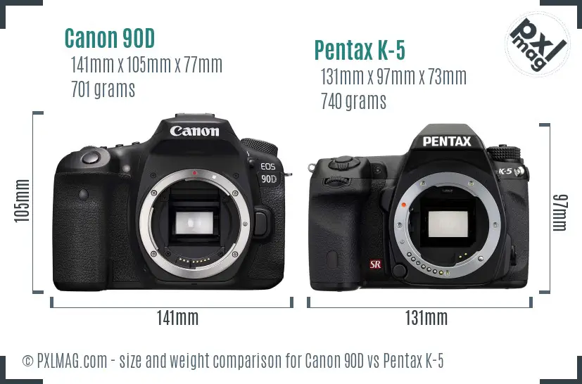 Canon 90D vs Pentax K-5 size comparison