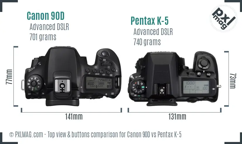 Canon 90D vs Pentax K-5 top view buttons comparison
