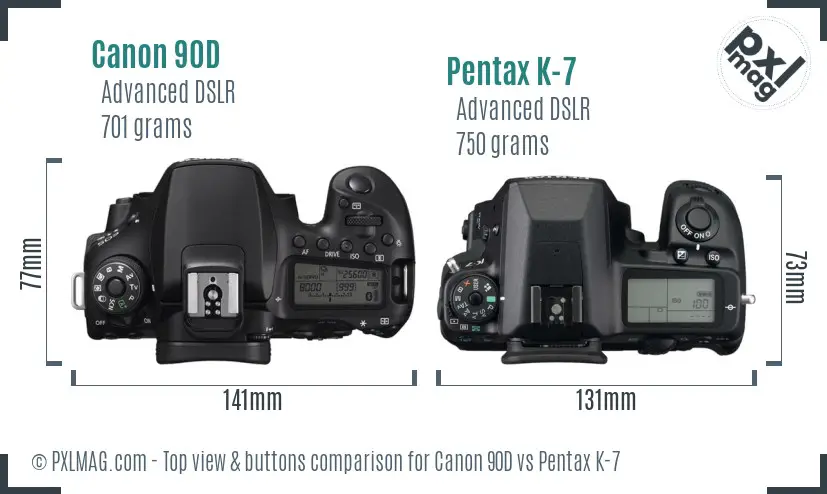 Canon 90D vs Pentax K-7 top view buttons comparison
