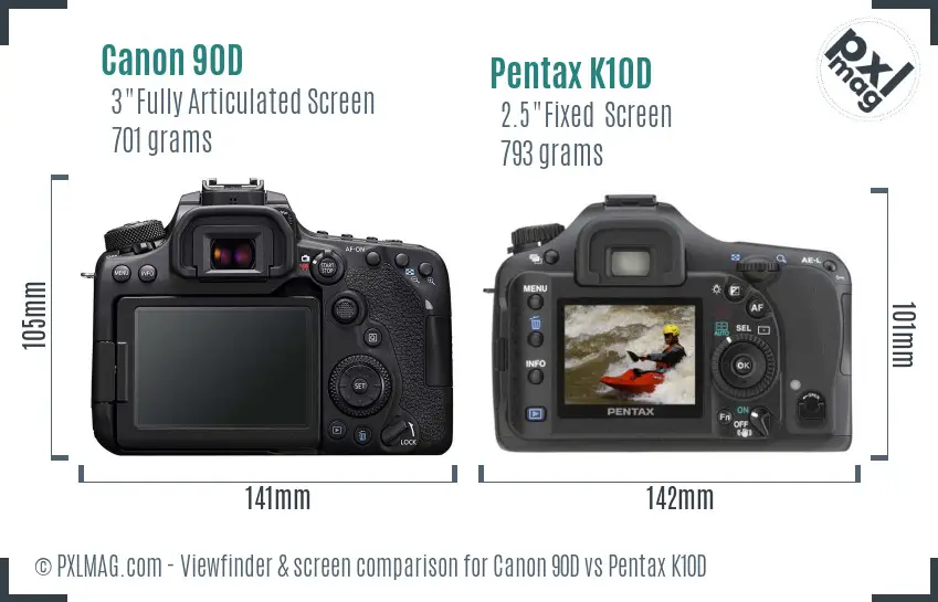Canon 90D vs Pentax K10D Screen and Viewfinder comparison