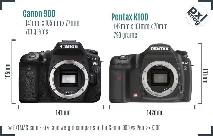 Canon 90D vs Pentax K10D size comparison