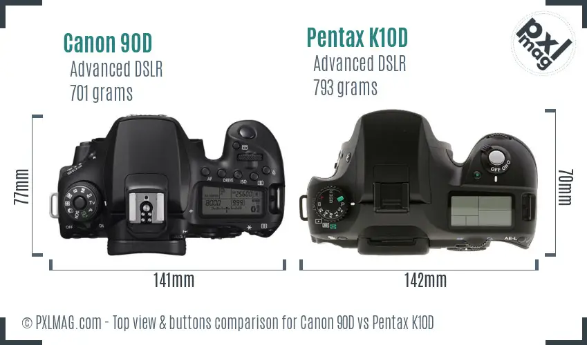 Canon 90D vs Pentax K10D top view buttons comparison