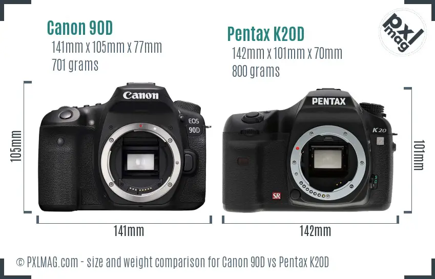 Canon 90D vs Pentax K20D size comparison