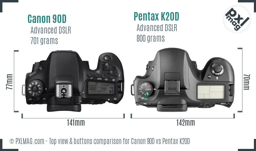 Canon 90D vs Pentax K20D top view buttons comparison