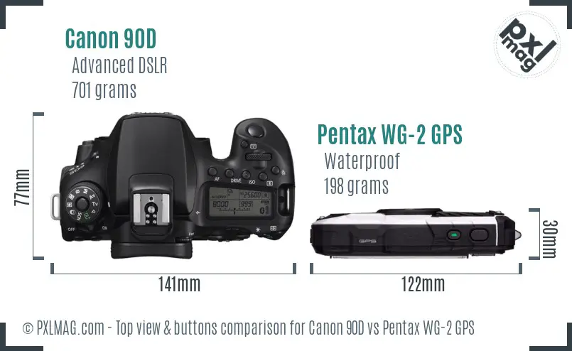 Canon 90D vs Pentax WG-2 GPS top view buttons comparison Canon 90D vs Pentax WG-2 GPS top view buttons comparison