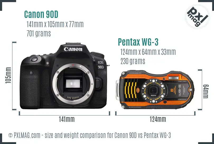 Canon 90D vs Pentax WG-3 size comparison