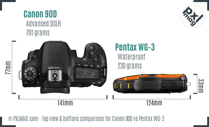 Canon 90D vs Pentax WG-3 top view buttons comparison