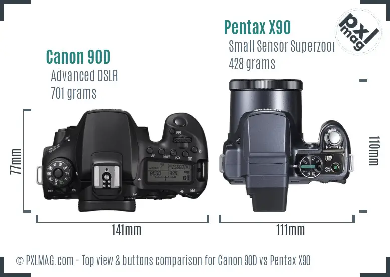 Canon 90D vs Pentax X90 top view buttons comparison